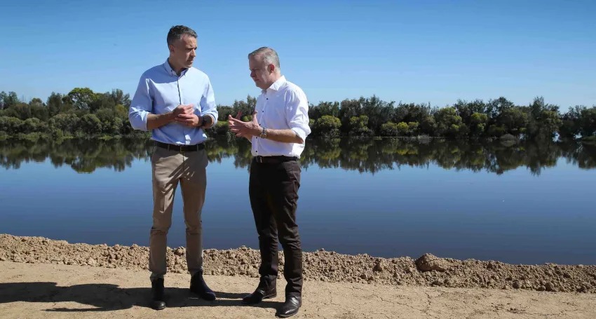 Premier Peter Malinauskas with Prime Minister Anthony Albanese, who quickly slapped down any talk of a domestic nuclear industry. Photo: Dean Martin/AAP