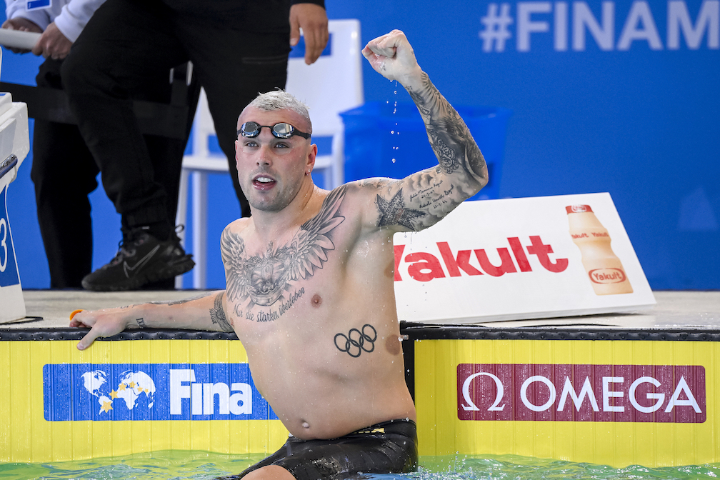Kyle Chalmers celebrates after winning the gold medal in the 100m Freestyle Men Final at the World Championships in Melbourne last year. Photo: Giorgio Scala / Deepbluemedia / Insidefoto/Sipa USA