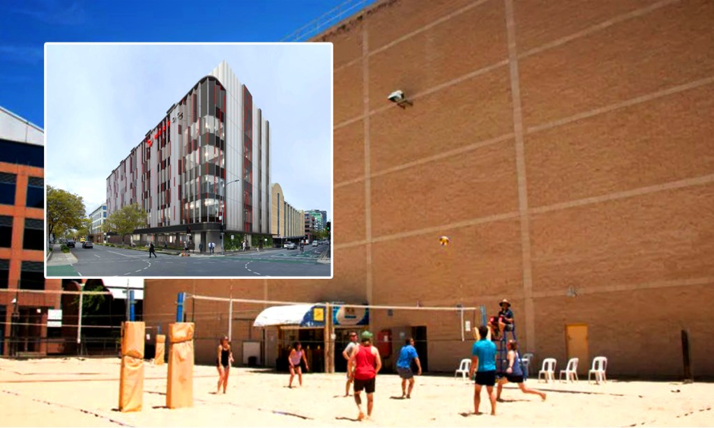 National company NEXTDC is proposing to build a six-storey data centre on the former CBD beach volleyball courts. Inset Image: Hames Sharley/NEXTDC. Photo: Angela Skujins/CityMag