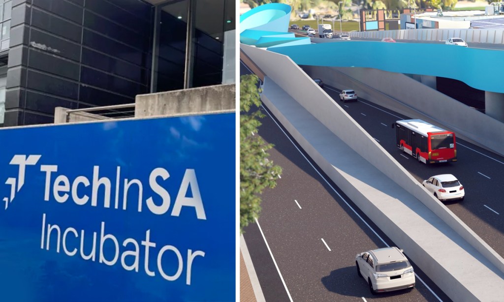 Photo Belinda Willis/InDaily, South Rd graphic supplied. Image: Tom Aldahn/InDaily