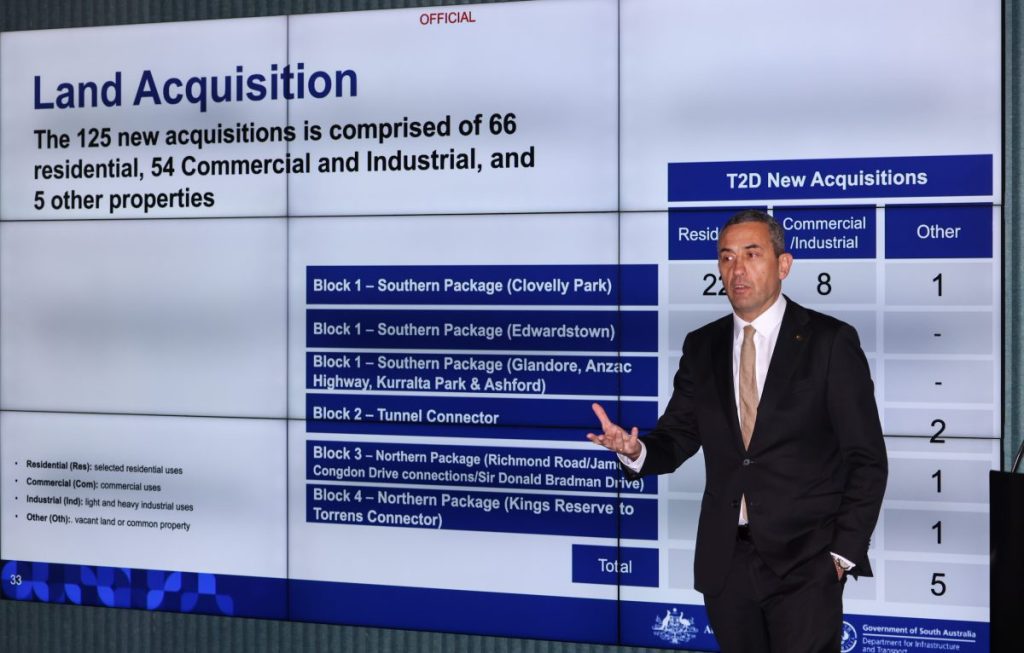 Transport and Infrastructure Minister Tom Koutsantonis announces details of compulsory property acquisitions for the South Rd upgrade on Wednesday morning. Photo: Tony Lewis/InDaily