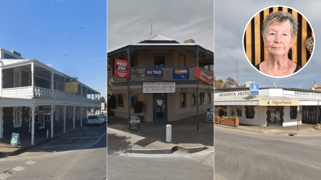 The Royal, Cornwall and Moonta Hotels (l-r) and inset President of the Moonta Seniors Club, Maureen Wahlstedt. Photo: Google/Supplied