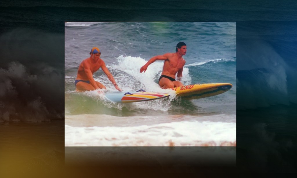 Dwayne Thuys (right) and Trevor Hendy off Wanda Beach, NSW, in 1988. Photo supplied.