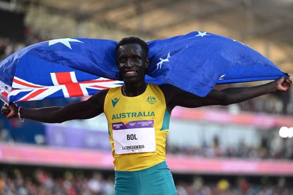 Peter Bol wins silver in the Men's 800m Commonwealth Games Final in Birmingham last year. Photo: AAP/Dean Lewins