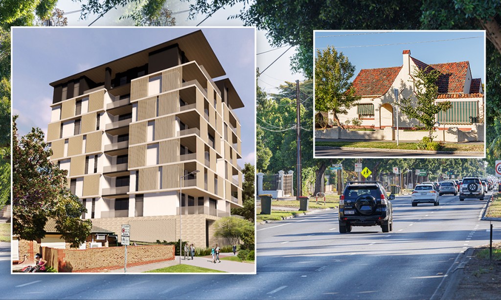 The state's planning minister has responded to community concerns about high-rise development along Anzac Highway near a character area, after an eight-storey building (inset left) was approved in 2021. Photos: Tony Lewis/InDaily; inset left image: Future Urban/Piteo Architects