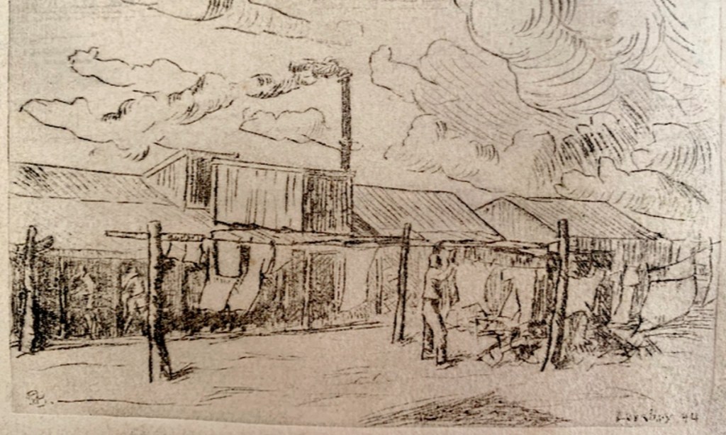 An etching of a laundry hut in Loveday Internment Camp by internee von Brandenstein. © P. Khosronejad