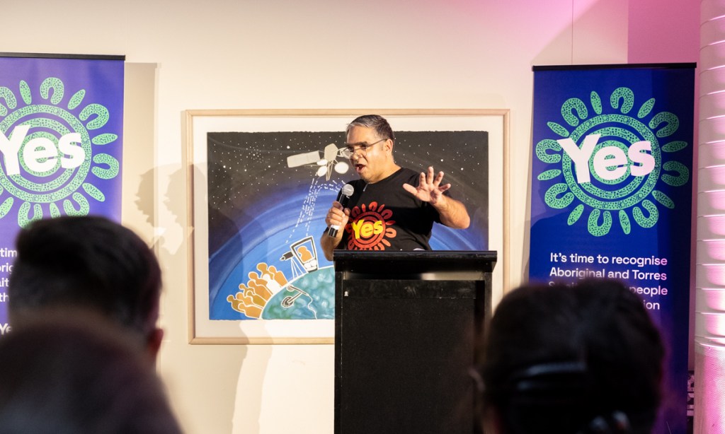 Tandanya CEO Phil Saunders speaks at the launch of the yes campaign for the Indigenous Voice to parliament in Adelaide. Photo: Johnny von Einem/CityMag 