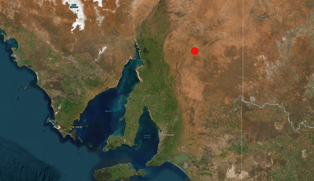 A red dot indicating the location of the earthquake in the Flinders Ranges today. Map: Geoscience Australia