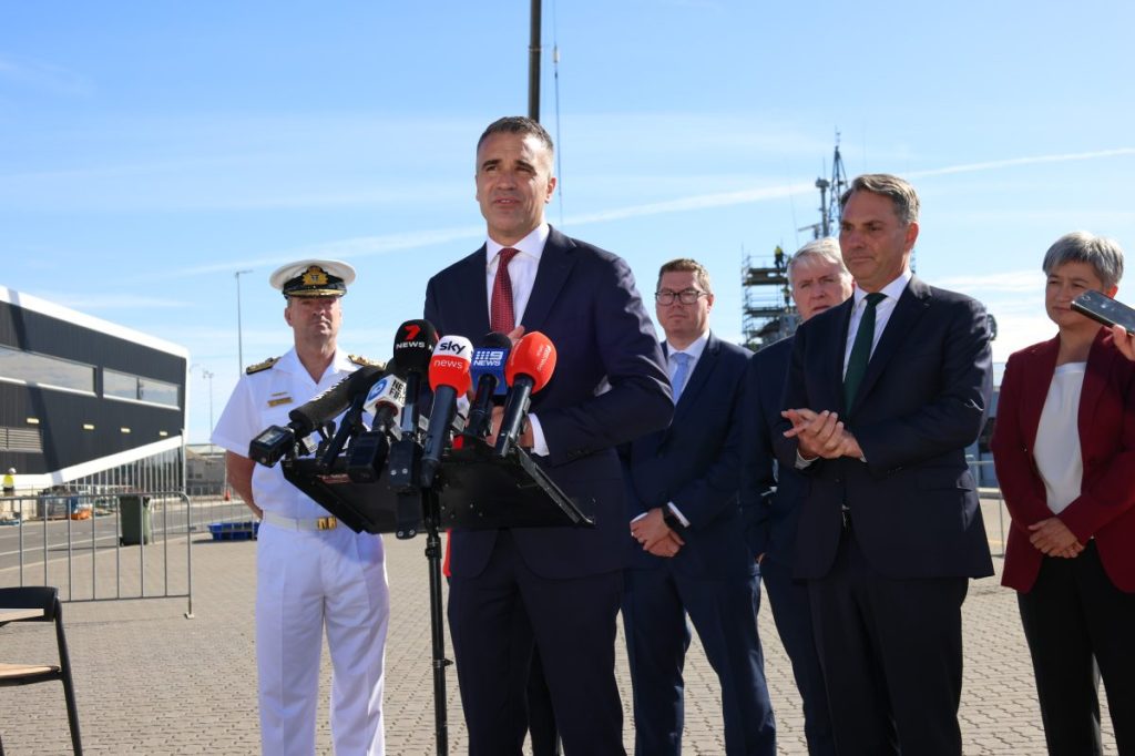 Premier Peter Malinauskas and Defence Minister Richard Marles at Osborne with Foreign Minister Penny Wong. Photo: Tony Lewis/InDaily