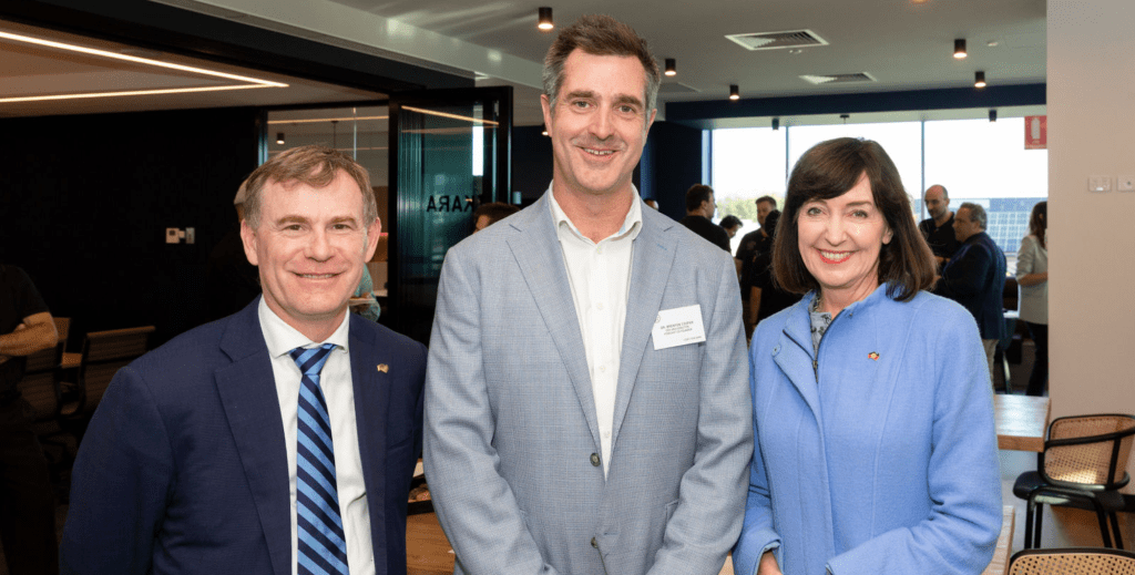 Trade and Investment Minister Nick Champion, Fivecast CEO Brenton Cooper and Defence and Space Industries Minister Susan Close. Photo: supplied.