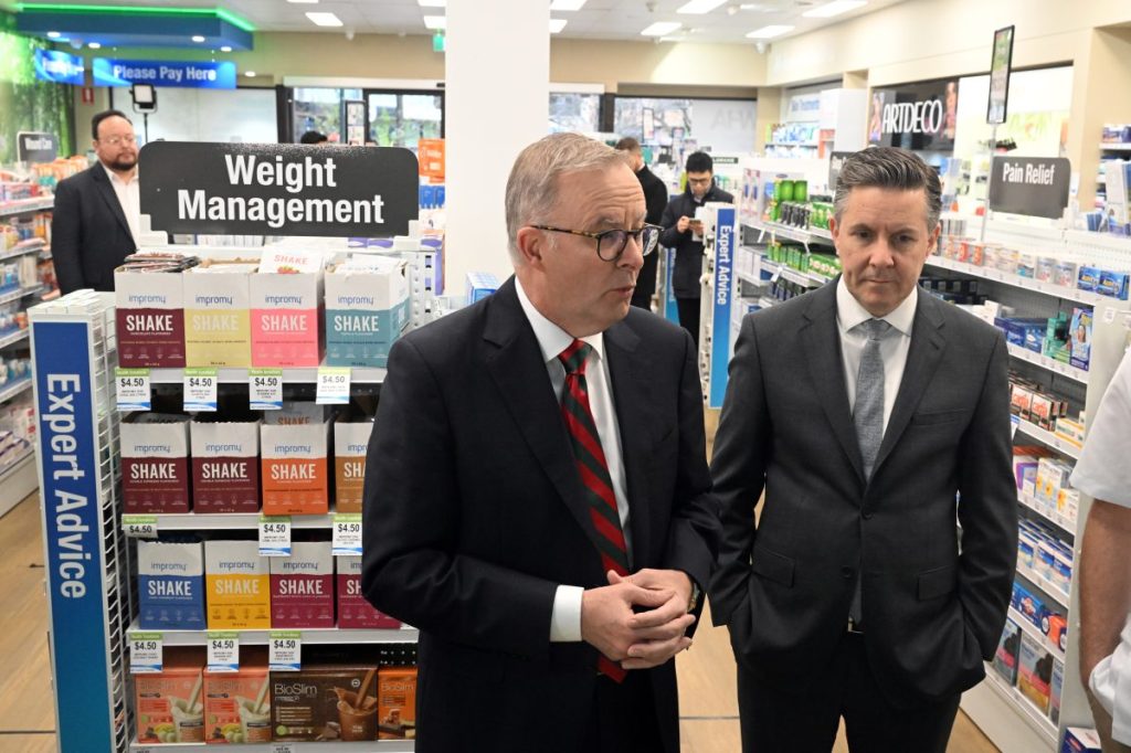 Prime Minister Anthony Albanese and Health Minister Mark Butler check that chemists are stocked up on smelling salts and painkillers for outraged pharmacist and vaping lobbies. Photo: AAP/Mick Tsikas