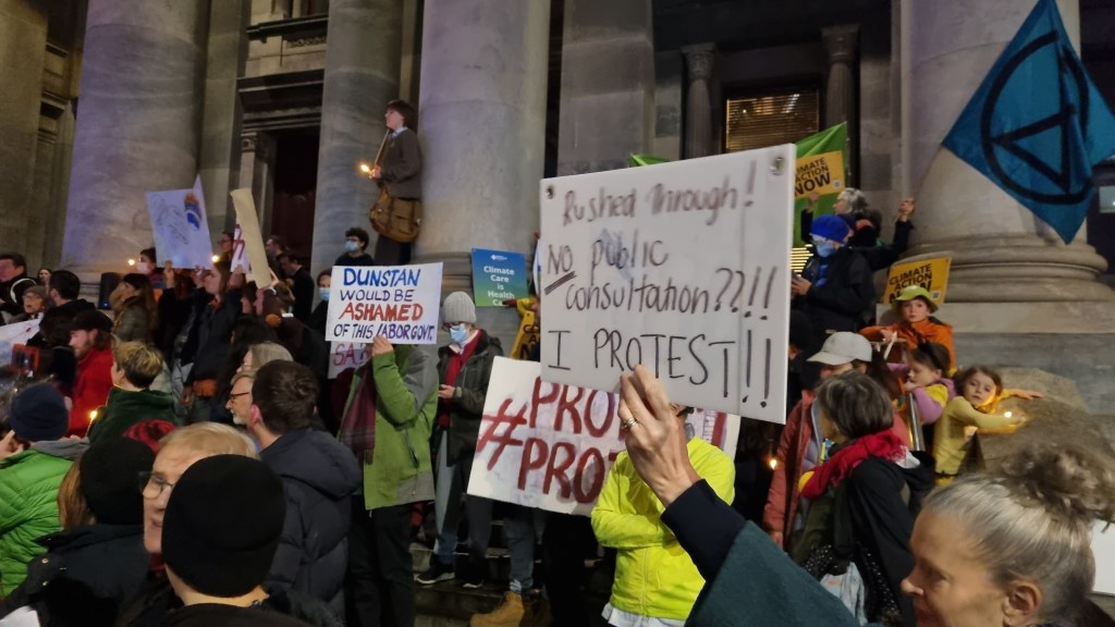 A protest against Labor's protest penalties legislation on Friday night. Photo: Thomas Kelsall/InDaily