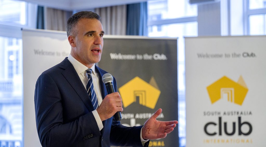 Peter Malinauskas speaking at South Australian Club International's recent Future Energy Event in London. Photo: South Australian Club International.