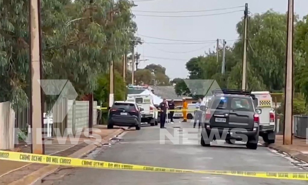 The Crystal Brook crime scene after two SA police officers were stabbed and their attacker shot dead. Image: Seven News/Twitter