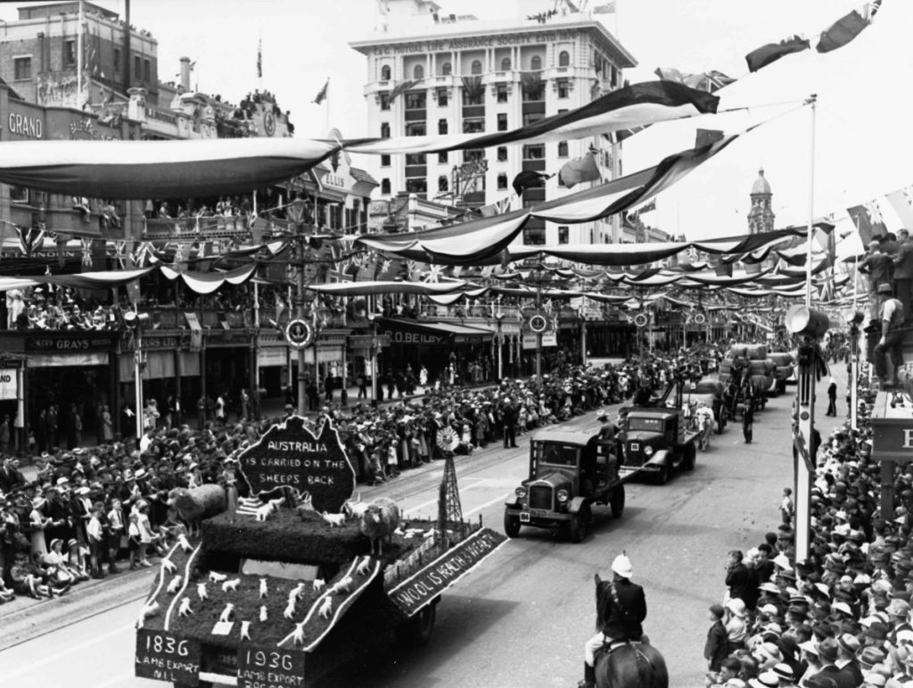 The Pageant of Progress celebrating SA's centenary rolls down King William St in 1936. Photo: History SA. South Australian Government Photographic Collection, GN09902.    