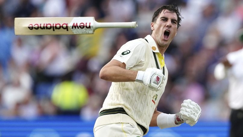 Australia captain Pat Cummins celebrates after beating England during day five of the first Ashes Test cricket match, at Edgbaston, Birmingham, England, Tuesday, June 20 2023. (Mike Egerton/PA via AP)