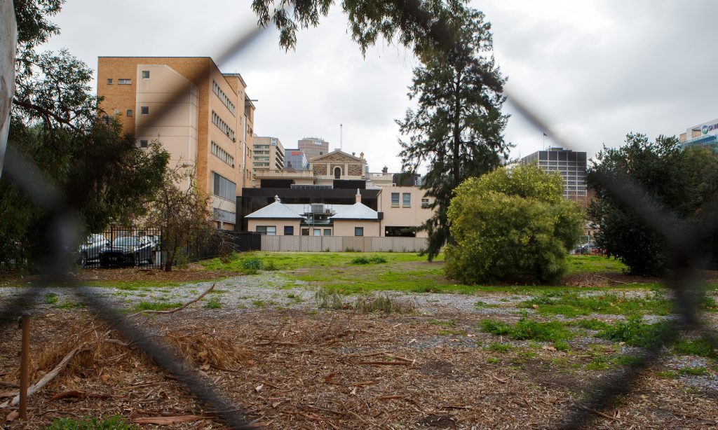 The proposed police horse "staging post" site at the corner of Wright Street and King William Street. Photo: Matt Turner/InDaily