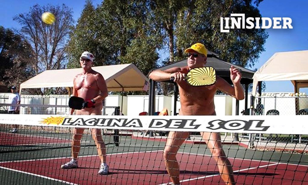 Nude pickleball has taken the world by storm, but players like these two Californian stalwarts will need to find a guernsey to play at the Australian Masters Games in Adelaide in October. Photo: Laguna Resorts