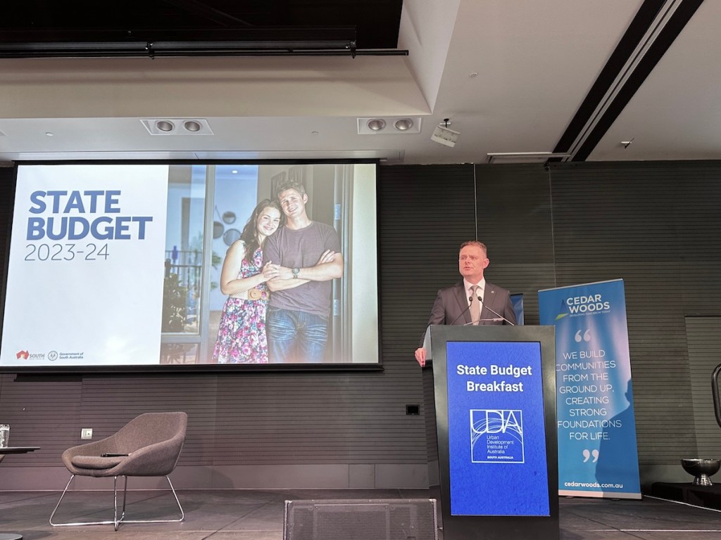 SA Treasurer Stephen Mullighan speaking at the  UDIA State Budget Breakfast on Wednesday 28 June. Photo: David Simmons/InDaily.