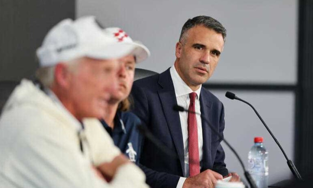 Premier Peter Malinauskas with LIV Golf CEO and commissioner Greg Norman and golfer Cameron Smith at a press conference promoting Adelaide's LIV Golf tournament in April. Photo: Matt Turner/AAP