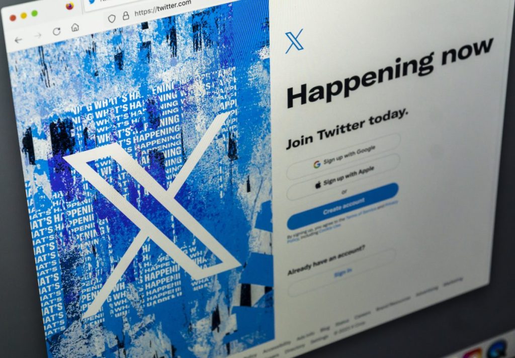 The Twitter sign in page displaying its new name, “X” on the sign-in screen on Monday. Photo: Richard B. Levine