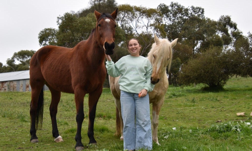 It has been a long road battling Perthes disease for Clare Valley teenager Jaz Paulett, who cannot wait to get back out trail riding on her horse, Angel, alongside mum Ali's horse, Maggie (left). Photo by Gabrielle Hall.