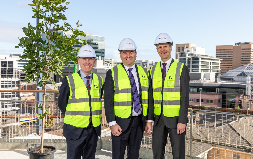 Nick Champion, Daniel Palumbo and Liam Golding at the 185 Pirie Street development. Photo: Andrew Beveridge.