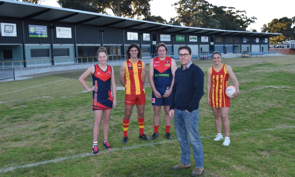 Clare Oval Redevelopment Committee (CORC) volunteer project manager Ryan Tregilgas, with South Clare netballer Emma Slattery, North Clare footballer Charlie Helbig, South Clare footballer Chad Gilbert and North Clare netballer Chelsea Panoho. Photo Gabrielle Hall.