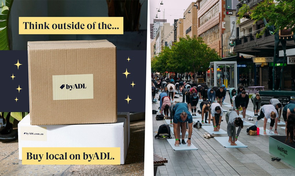 byADL (left) is an ecommerce platform for city businesses. Wellfest Adelaide (right) is a series of "wellness" events held across the city, including yoga in Rundle Mall. Left photo: byADL/Facebook; right photo: WellFest Adelaide/Facebook