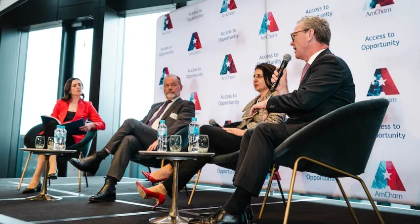 Richard Price (second from left) at an Amcham defence panel earlier this year.  Photo: Dustin Wilson 