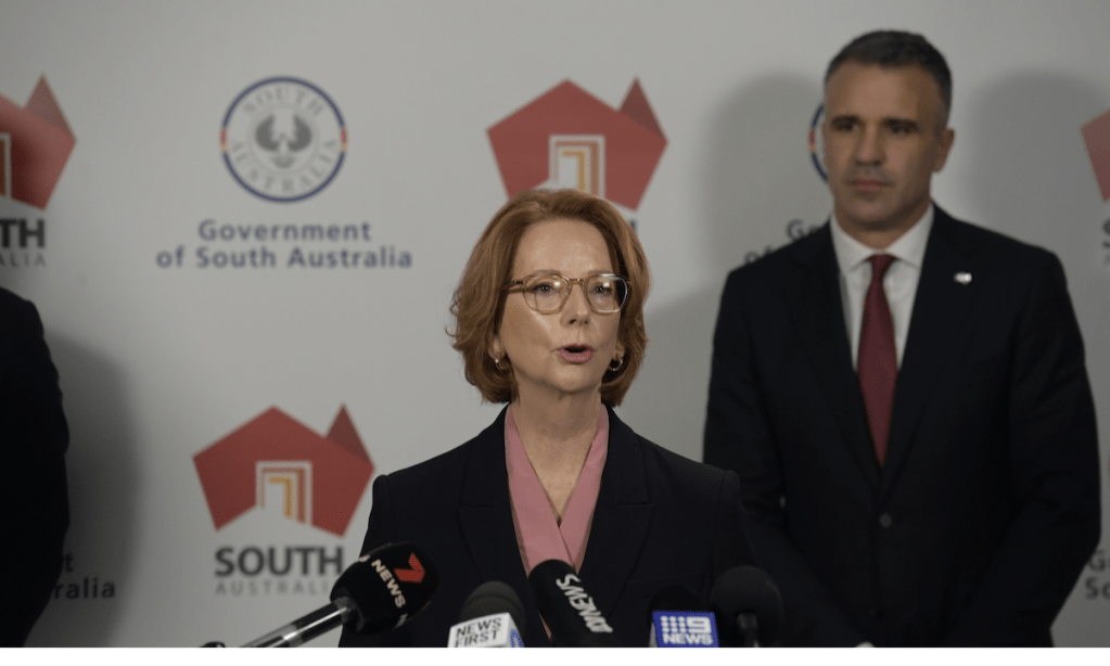 Julia Gillard and Premier Peter Malinauskas at the release of the royal commission report on Sunday. Photo:AAP Image/Roy Vandervergt