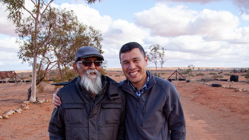 Muzafar Ali (right) and cameleer descendant Frank Wilson during filming of the documentary Watandar, My Countryman. Photo: supplied