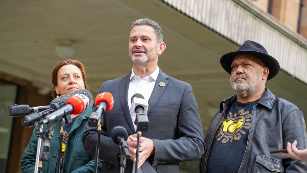 SA at "the epicentre" of The Voice vote. Rachel Perkins (left), Kyam Maher and Noel Pearson at Adelaide Railway Station this morning. Photo: supplied