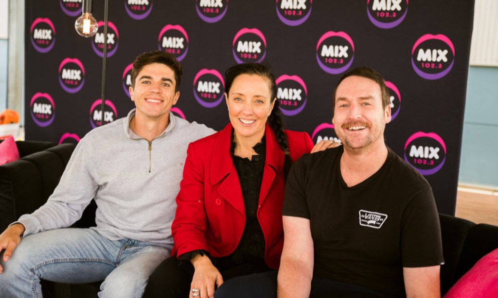 Ali Clarke with breakfast team members Max Burford (left) and Shane Lowe (right). Supplied image