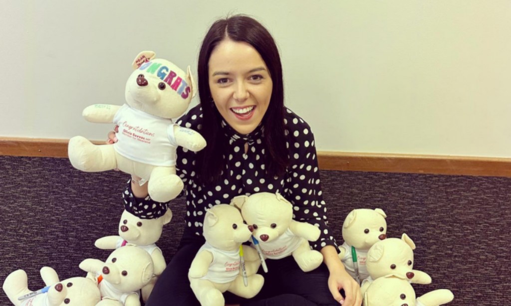 MP Olivia Savvas with the teddy bears she bought as congratulation gifts for local primary school students. Photo: Instagram