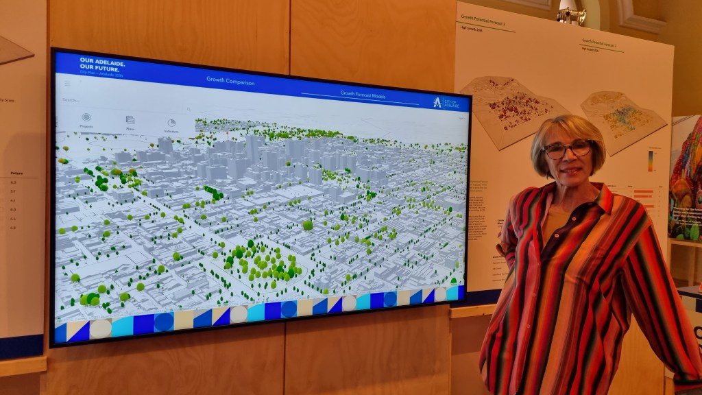 Lord Mayor Jane Lomax-Smith next to a tree canopy map in the council's City Plan Studio. Photo: Thomas Kelsall/InDaily