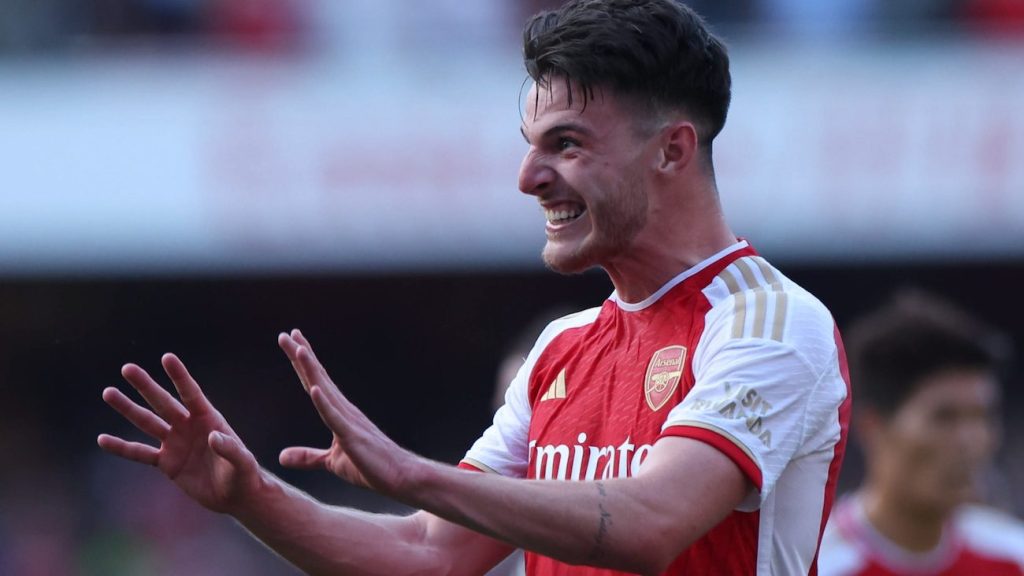 'Visit Rwanda' on the sleeve of Arsenal's Declan Rice during an English Premier League this year. Photo: EPA/NEIL HALL   
