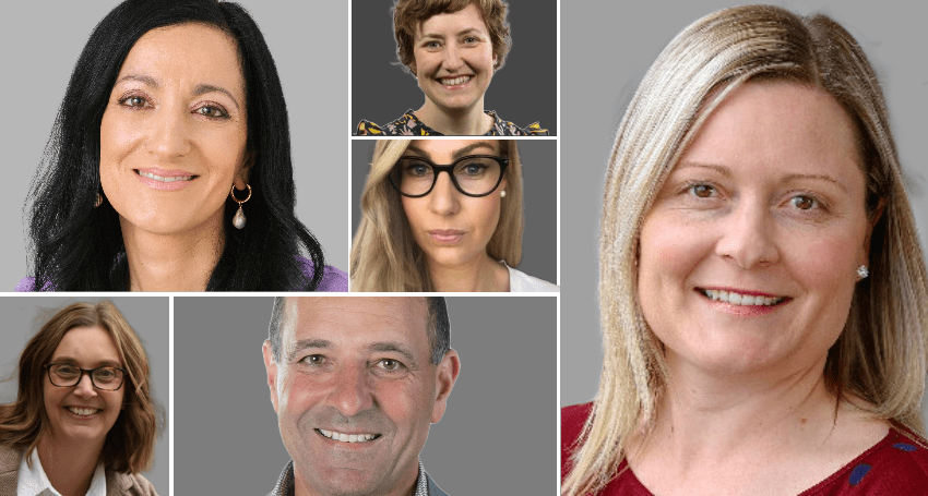 Angela Scarfo (left, above), Rebecca Darcey (left, below), Alice Cashen (centre, above), Alicia Genet (centre), Roger Zammit (centre, below) and Belinda Vivian (right) have all been appointed to new roles. 