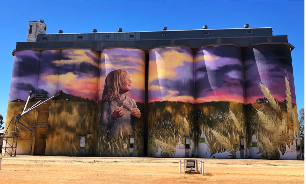Art on towering silos at Kimba, SA. A major insurer will no longer cover artists working above five metres high. Photo: AAP/Annette Green/Cover Images
