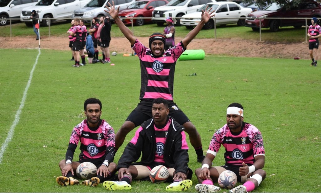 Some of the Barossa Rams’ Fijian team members Tim Kavasi (left), Emori Rokoniu, Sakiusa Sugumai (standing), and Vonivate Bokadi who have brought excitement to the region’s rugby. Photo: Rick Bouwer