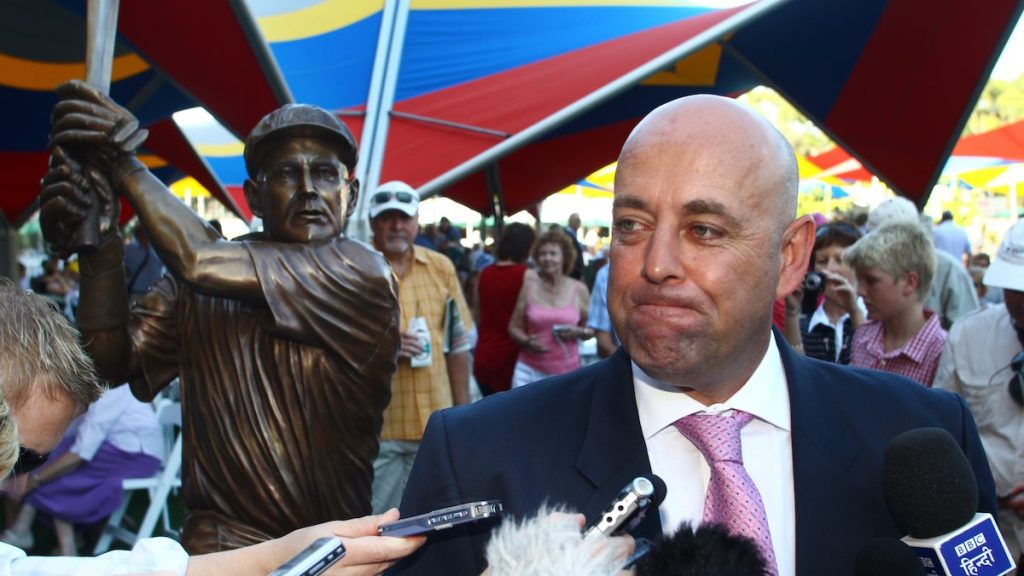 Darren Lehmann speaks to the media at the unveiling of a bronze statue to celebrate his cricket career at Adelaide Oval in 2012. Photo: AAP/Ben McMahon
