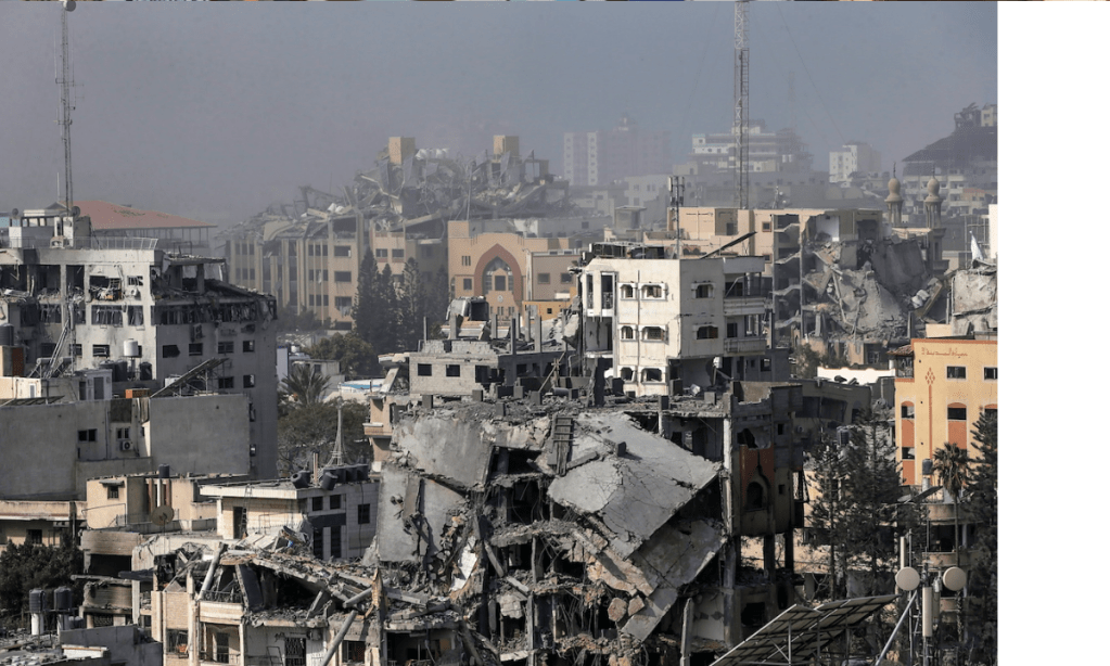 Buildings destroyed by Israeli airstrikes on Sunday. Photo: Mohammed Saber/EPA