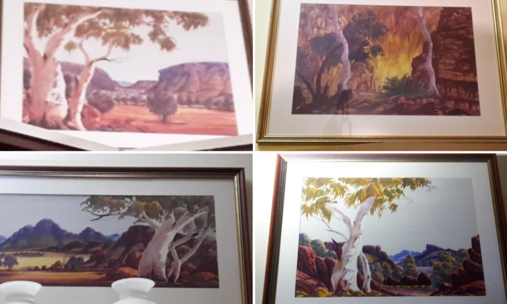 Four of the six Albert Namatjira paintings stolen from a home at Glenelg East in Adelaide. Photo: Supplied.
