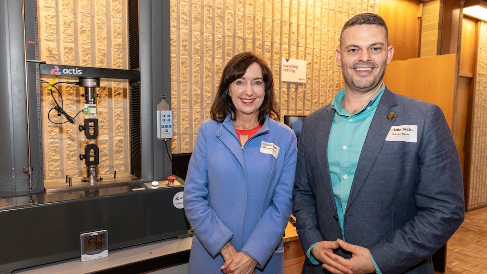 Gibran Maher co-founder of CoLab Tech, a space to boost opportunities for SA to make medical devices, at the company's official opening with Industry, Innovation and Science Minister Susan Close. Photo: Andrew Beveridge
