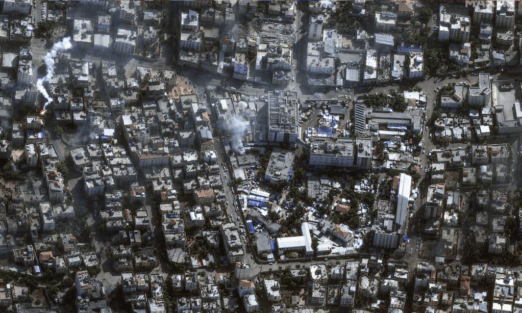 A satellite photo of Gaza City's al-Shifa hospital. Photo: Maxar Technologies via AP

