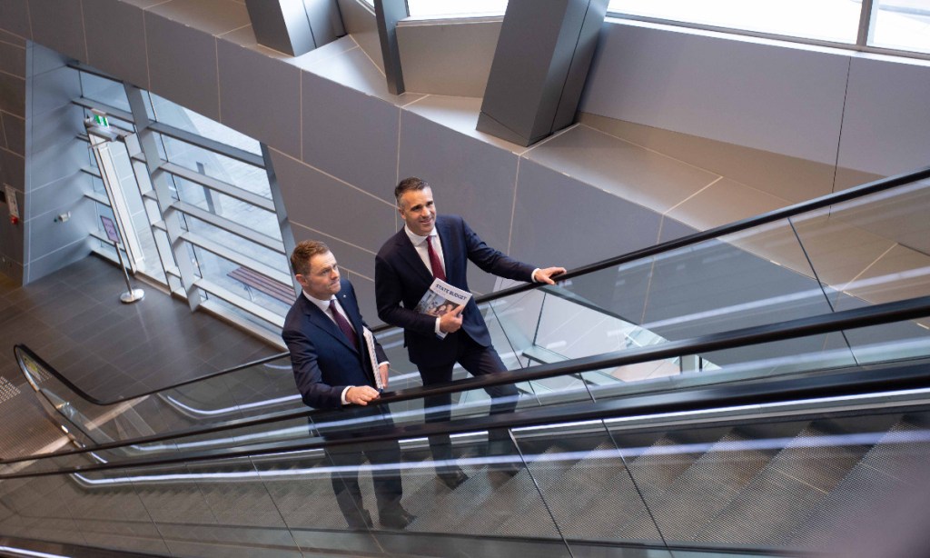 Going up! Treasurer Stephen Mullighan and Premier Peter Malinauskas on Budget day this year. Photo: Brett Hartwig/InDaily