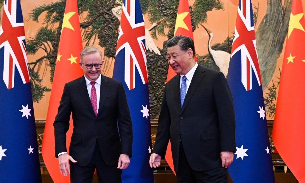 Australia’s Prime Minister Anthony Albanese meets with China’s President Xi Jinping at the Great Hall of the People in Beijing, China, Monday, November 6, 2023. Photo: AAP/Lukas Coch.