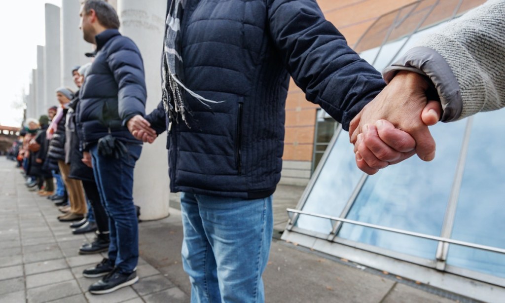 An event in Neuremberg, Germany, to mark the 75th anniversary of the proclamation of the Universal Declaration of Human Rights. Photo: Daniel Karmann/DPA