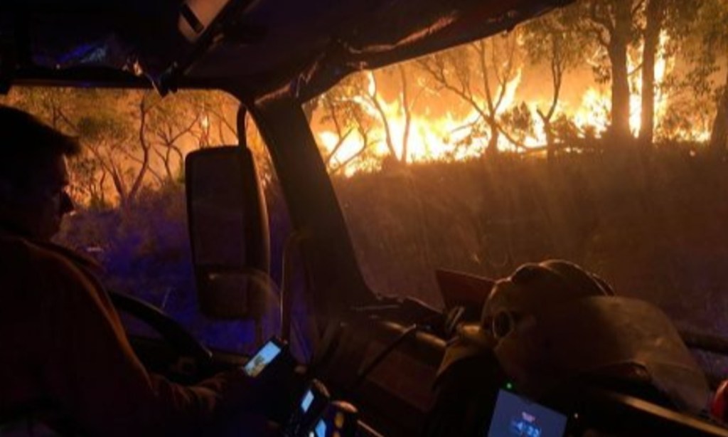 Flames near Mount Bold after a 2021 Adelaide Hills bushfire. Photo by CFS volunteer Andrew Noble.