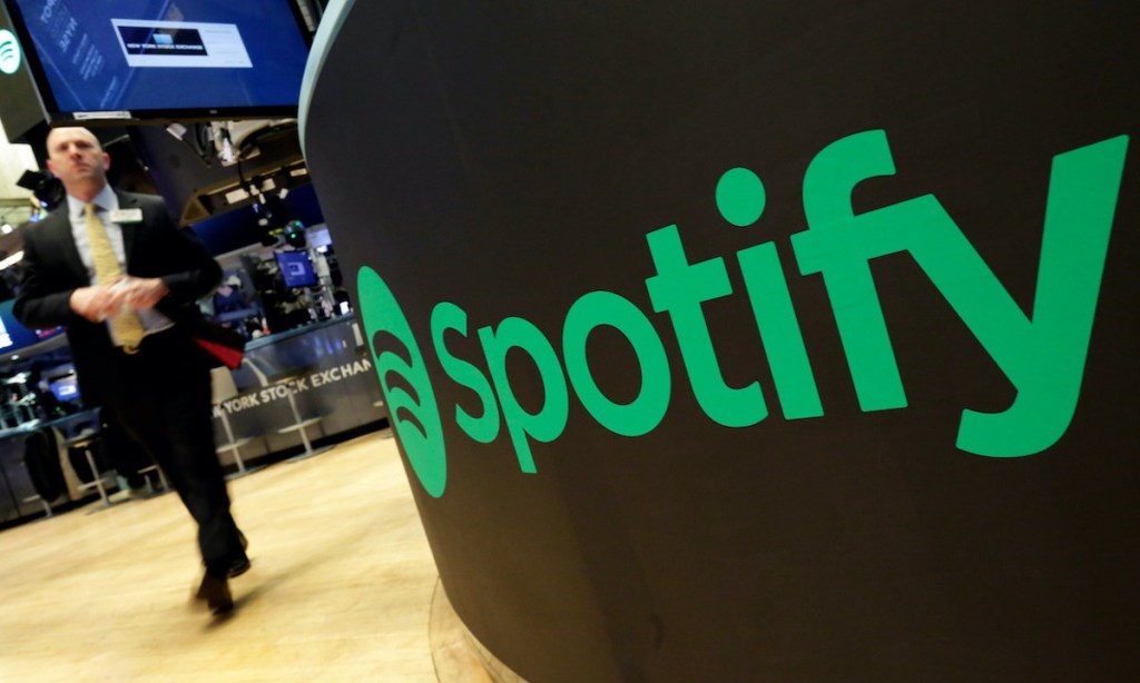 The Spotify logo in the New York Stock Exchange. Photo: Richard Drew/AP